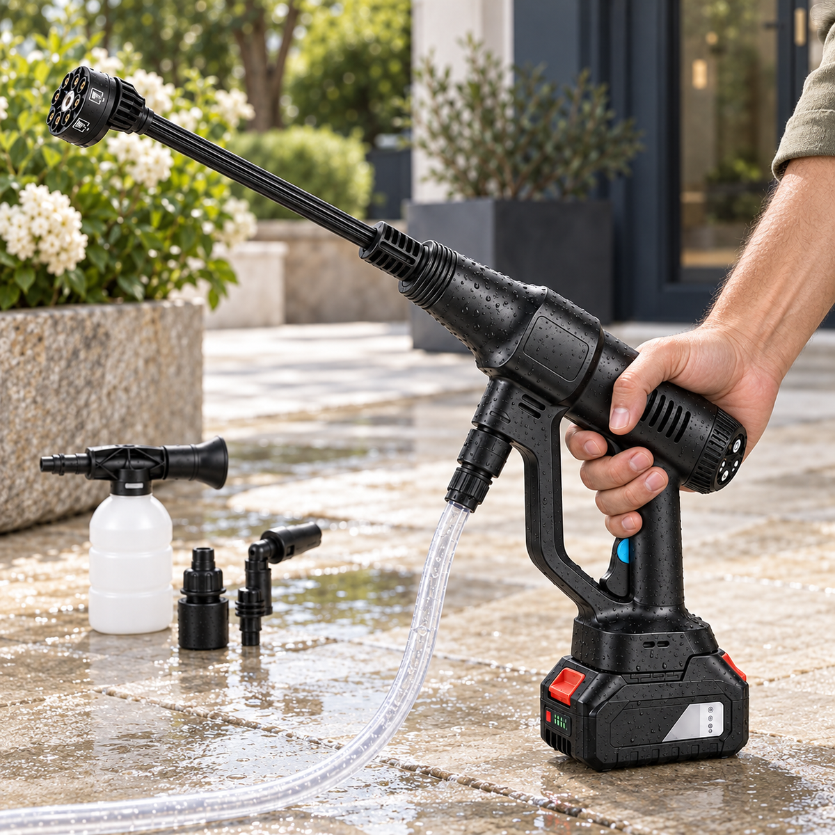 Hidrolimpiadora inalámbrica con accesorios para limpieza exterior